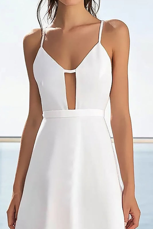 White Satin A Line Spaghetti Straps Midi Graduation Dress with Lace