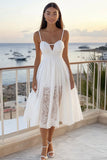White Lace A Line Spaghetti Straps Midi Graduation Dress with Keyhole