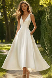 White A Line Satin Deep V Neck Long Engagement Dress