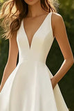 White A Line Satin Deep V Neck Long Engagement Dress