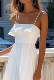 White A Line Square Neck Long Boho Dress with Ruffles