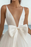White Tulle Deep V Neck A-Line Short Graduation Dress with Bow