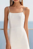 White Satin Spaghetti Straps Sheath Midi Graduation Dress with Lace