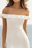 White Sheath Off the Shoulder Chiffon Midi Graduation Dress with Slit