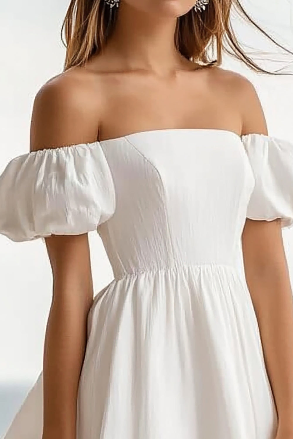 White Off the Shoulder A Line Short Graduation Dress with Puff Sleeves
