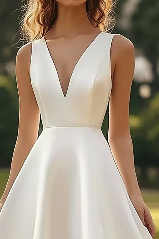 White Satin Deep V Neck Midi A Line Graduation Dress