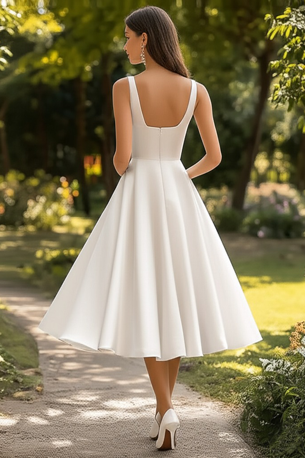 Zapakasa Women White Satin A Line Midi Graduation Dress Scoop Neck