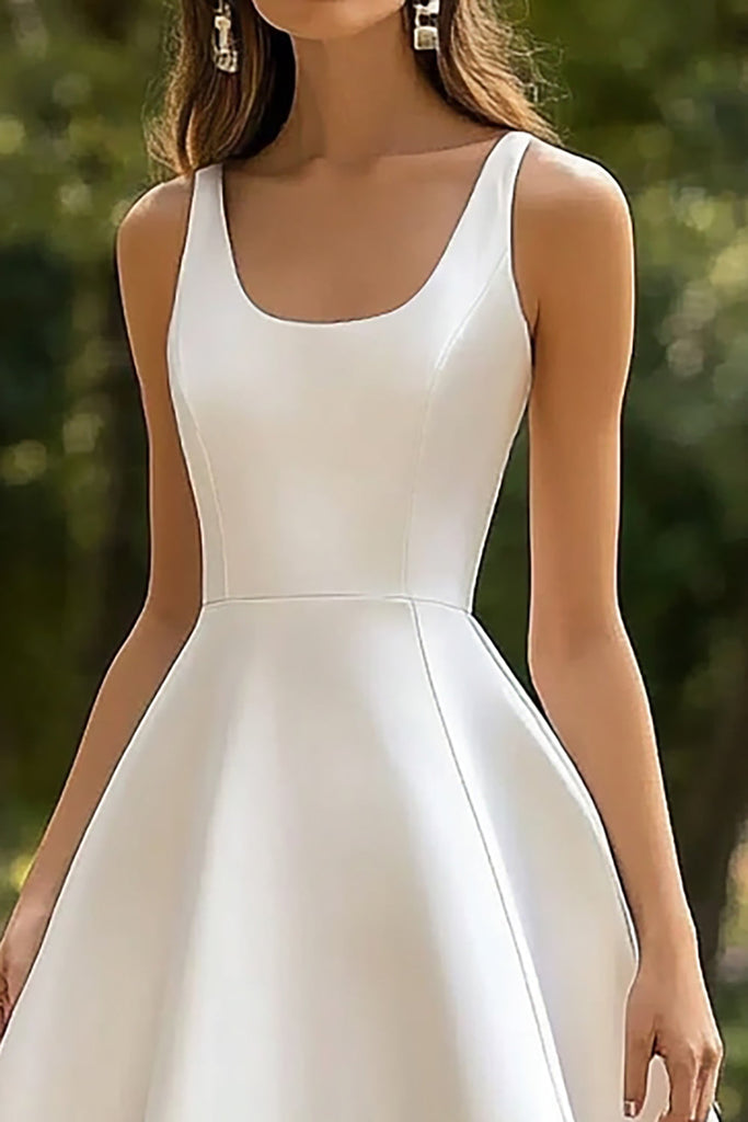 Zapakasa Women White Satin A Line Midi Graduation Dress Scoop Neck