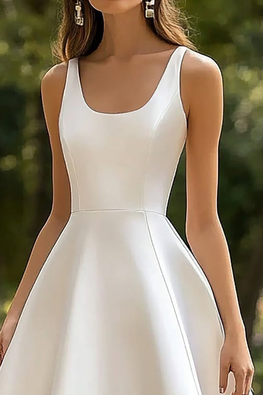 White Satin Scoop Neck Midi A Line Graduation Dress