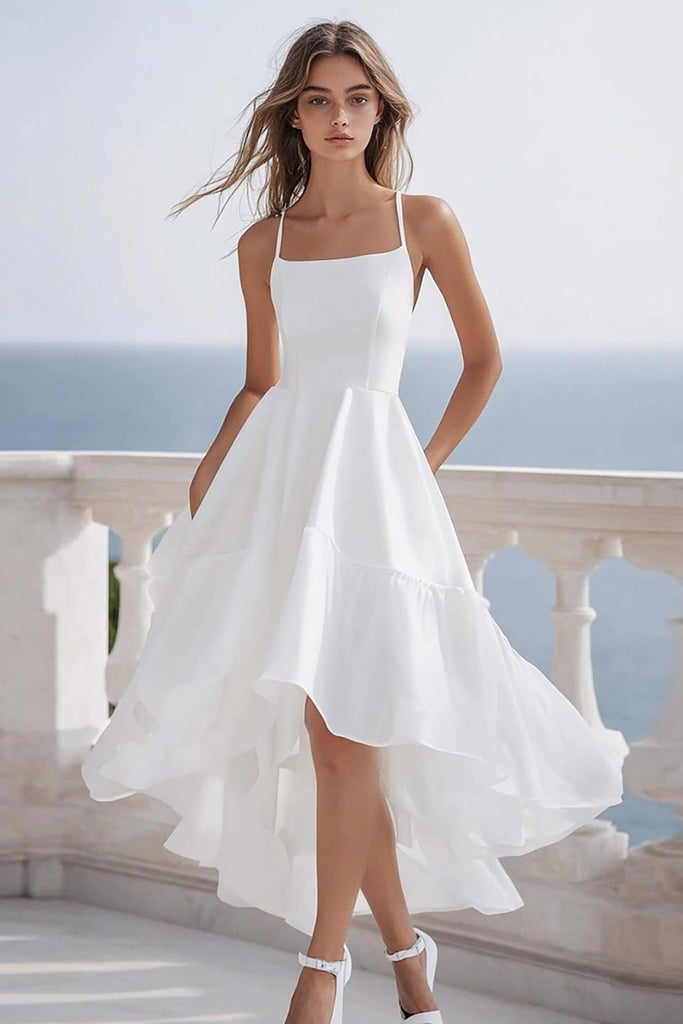 Zapakasa Women White A Line Midi Graduation Dress Asymmetrical
