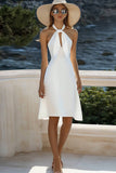 White Bodycon Satin Keyhole Halter Midi Graduation Dress