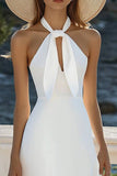 White Bodycon Satin Keyhole Halter Midi Graduation Dress