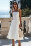 White A Line Satin Spaghetti Straps Midi Graduation Dress
