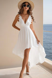 White Chiffon A Line Boho High Low Graduation Dress with Ruffles
