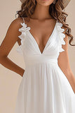 White Chiffon A Line Boho High Low Graduation Dress with Ruffles