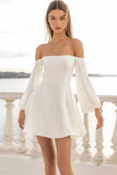 White A Line Satin Short Graduation Dress with Long Sleeves