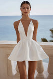 White Satin Deep V Neck Ruched A-Line Short Graduation Dress