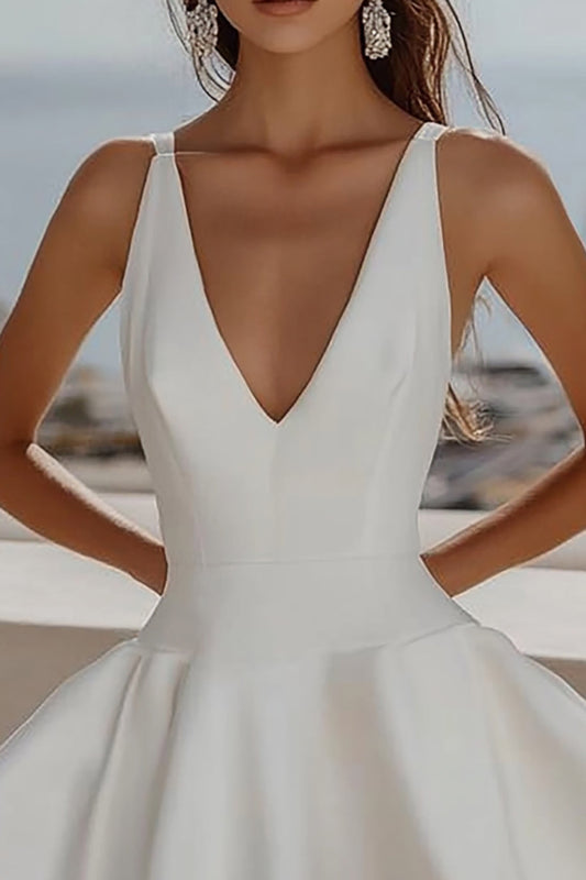 White Deep V Neck Satin A-Line Short Graduation Dress