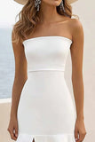White Sheath Satin Strapless Ruffled Long Engagement Dress with Slit