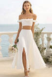 White Satin Two Pieces Long A Line Engagement Dress with Slit