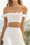 White Satin Two Pieces Long A Line Engagement Dress with Slit