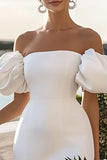 White Satin Bodycon Short Graduation Dress with Puff Sleeves