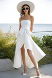 White A Line Satin Strapless High Low Graduation Dress with Bow