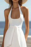 White Satin A Line Halter Neck Midi Graduation Dress with Slit