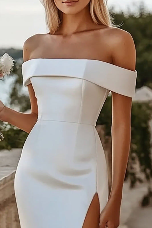 Satin White Mermaid Long Square Neck Engagement Dress with Slit