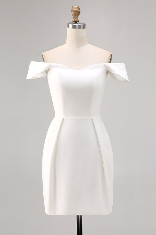 White Off the Shoulder A Line Satin Short Graduation Dress