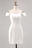 White Off the Shoulder A Line Satin Short Graduation Dress