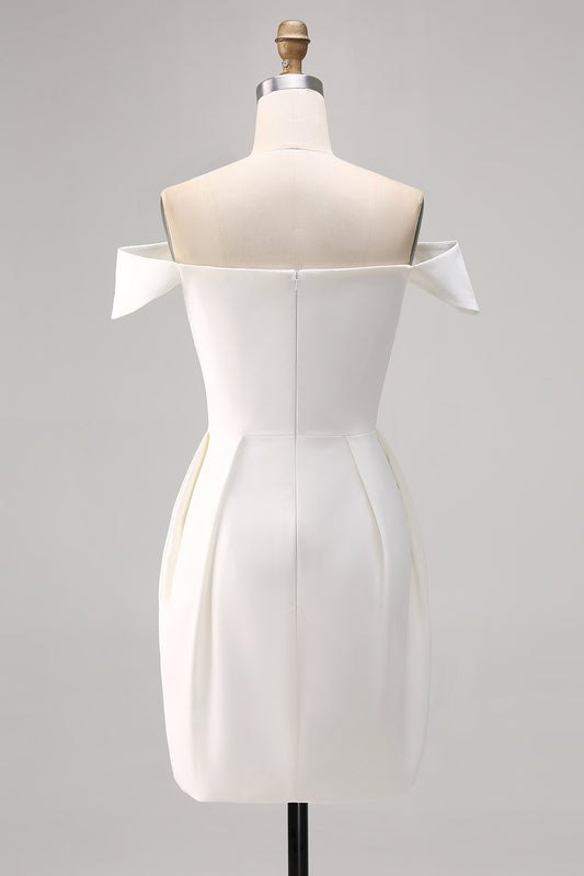White Off the Shoulder A Line Satin Short Graduation Dress