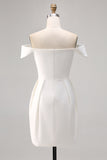 White Off the Shoulder A Line Satin Short Graduation Dress