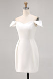 White Off the Shoulder A Line Satin Short Graduation Dress