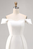 White Off the Shoulder A Line Satin Short Graduation Dress