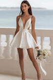 White Satin A-Line Deep V-Neck Short Graduation Dress