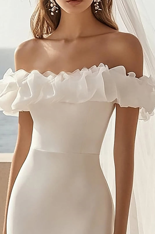 White Satin Bodycon Ruffled Short Graduation Dress with Slit