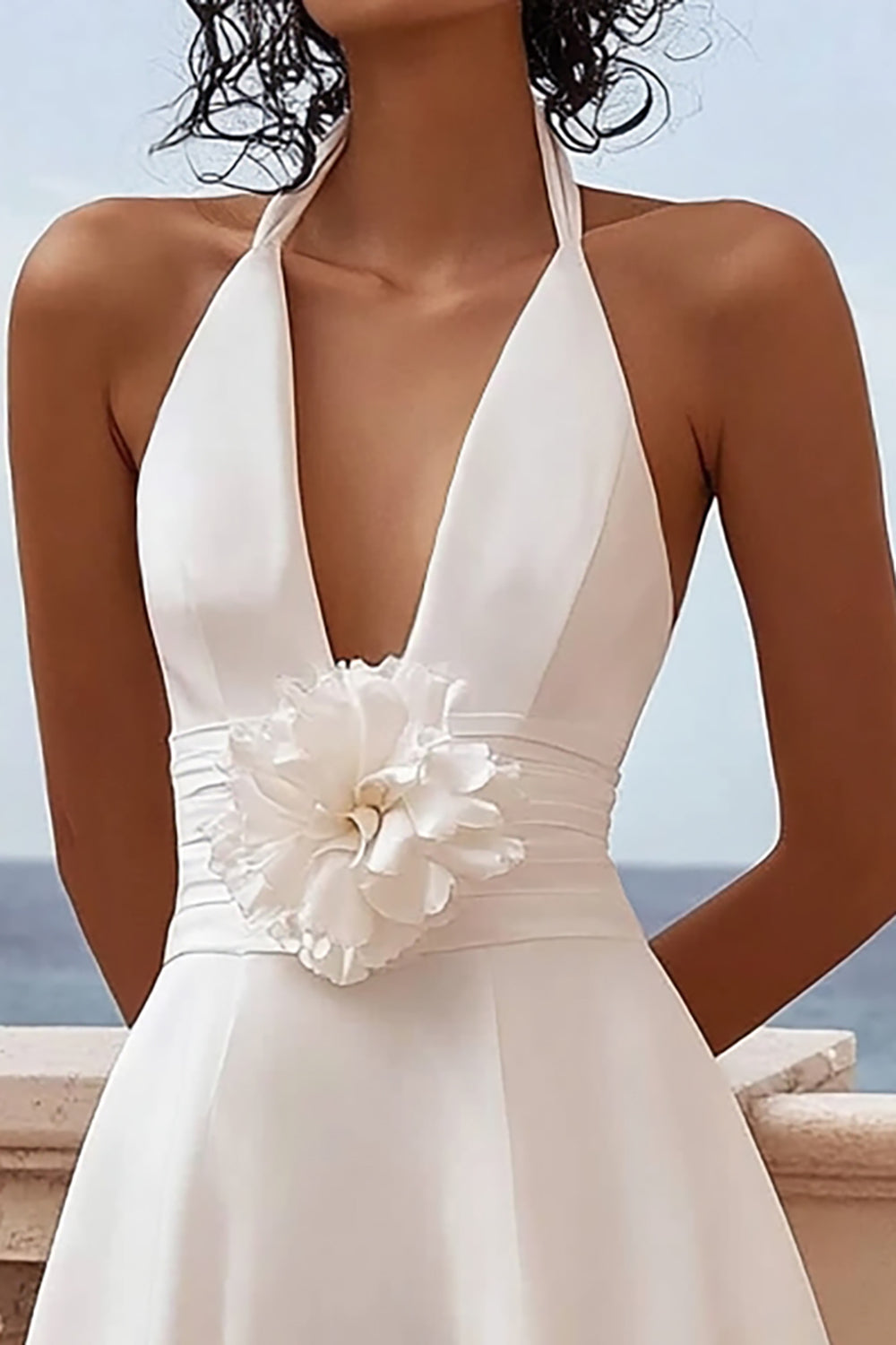 White Satin Halter Short A Line Graduation Dress with Flower