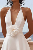 White Satin Halter Short A Line Graduation Dress with Flower