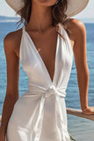 White Satin Deep V Neck Bodycon Short Graduation Dress with Sash