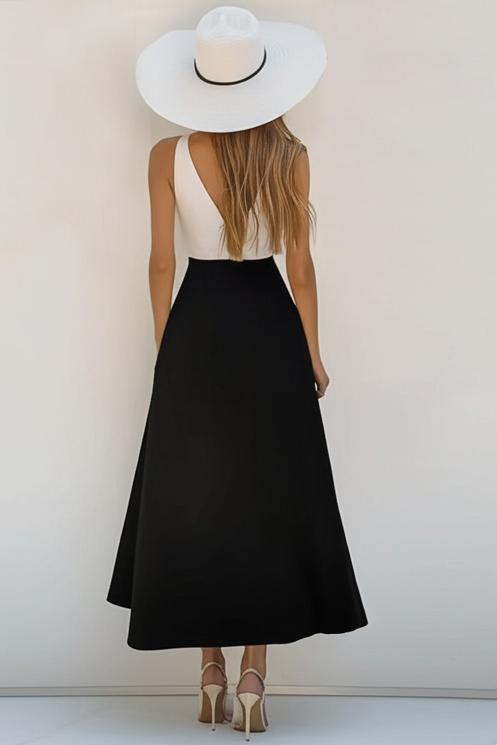 White and Black Satin Deep V Neck A Line Boho Formal Dress