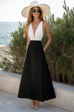 White and Black Satin Deep V Neck A Line Boho Formal Dress