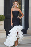 Black White Satin Mermaid Strapless High-Low Formal Dress