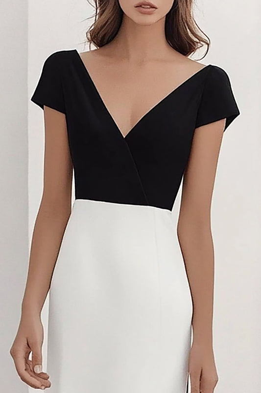Black White Sheath V-Neck Satin Long Formal Dress with Cap Sleeves