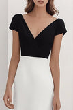 Black White Sheath V-Neck Satin Long Formal Dress with Cap Sleeves