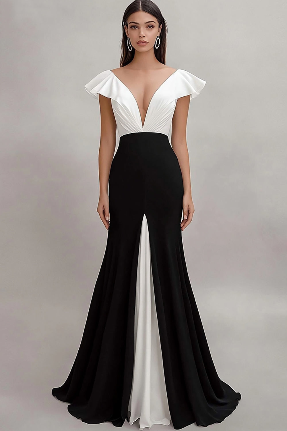 Zapakasa Women Black White A Line V-Neck Satin Long Formal Dress