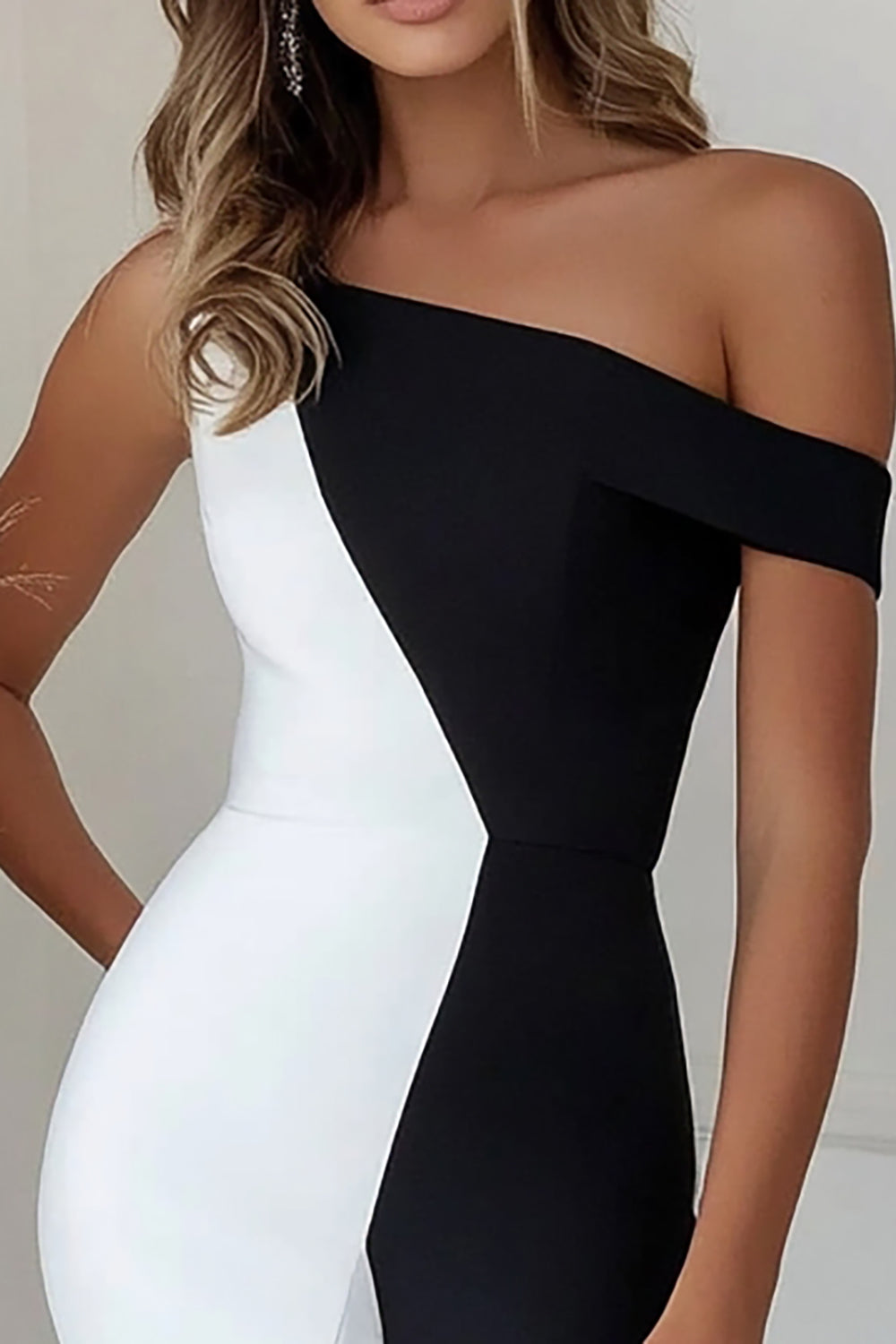 Black White Mermaid Asymmetrical Neck Ruffled Midi Formal Dress