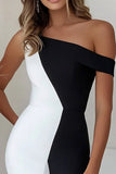 Black White Mermaid Asymmetrical Neck Ruffled Midi Formal Dress