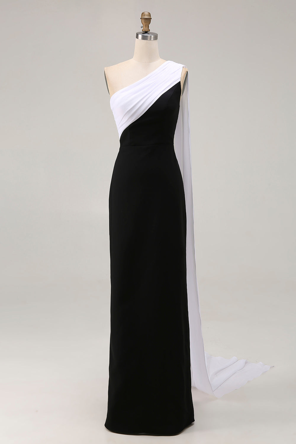 Zapakasa Women Plus Size Black and White One Shoulder Satin Long Formal Dress with Side Cape Sheath Sleeveless Evening Dress Zapakasa Women Plus Size Black and White One Shoulder Satin Long Formal Dress with Side Cape Sheath Sleeveless Evening Dress
