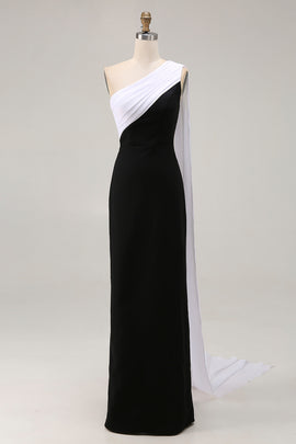 Black White Satin One Shoulder Sheath Long Formal Dress with Side Cape